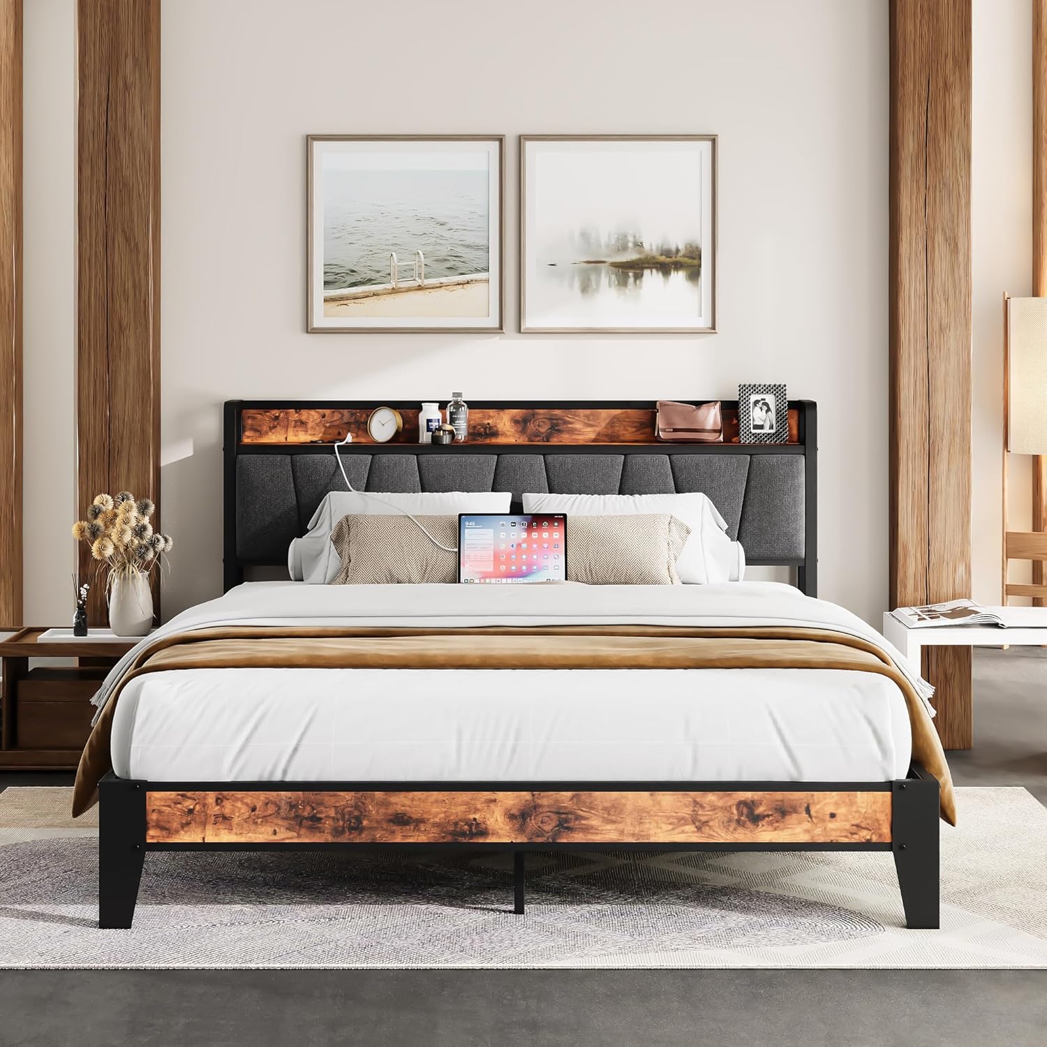 IRONCK Bett 160x200 mit Metal Lattenrost, Bettgestell 160x200cm mit Steckdosen, USB-Anschlüsse & Typ-C-Anschlüsse, Metallbett 160x200 mit Gepolstertem Kopfteil & Stauraum, Jugendbett, Doppelbett QQ1150923