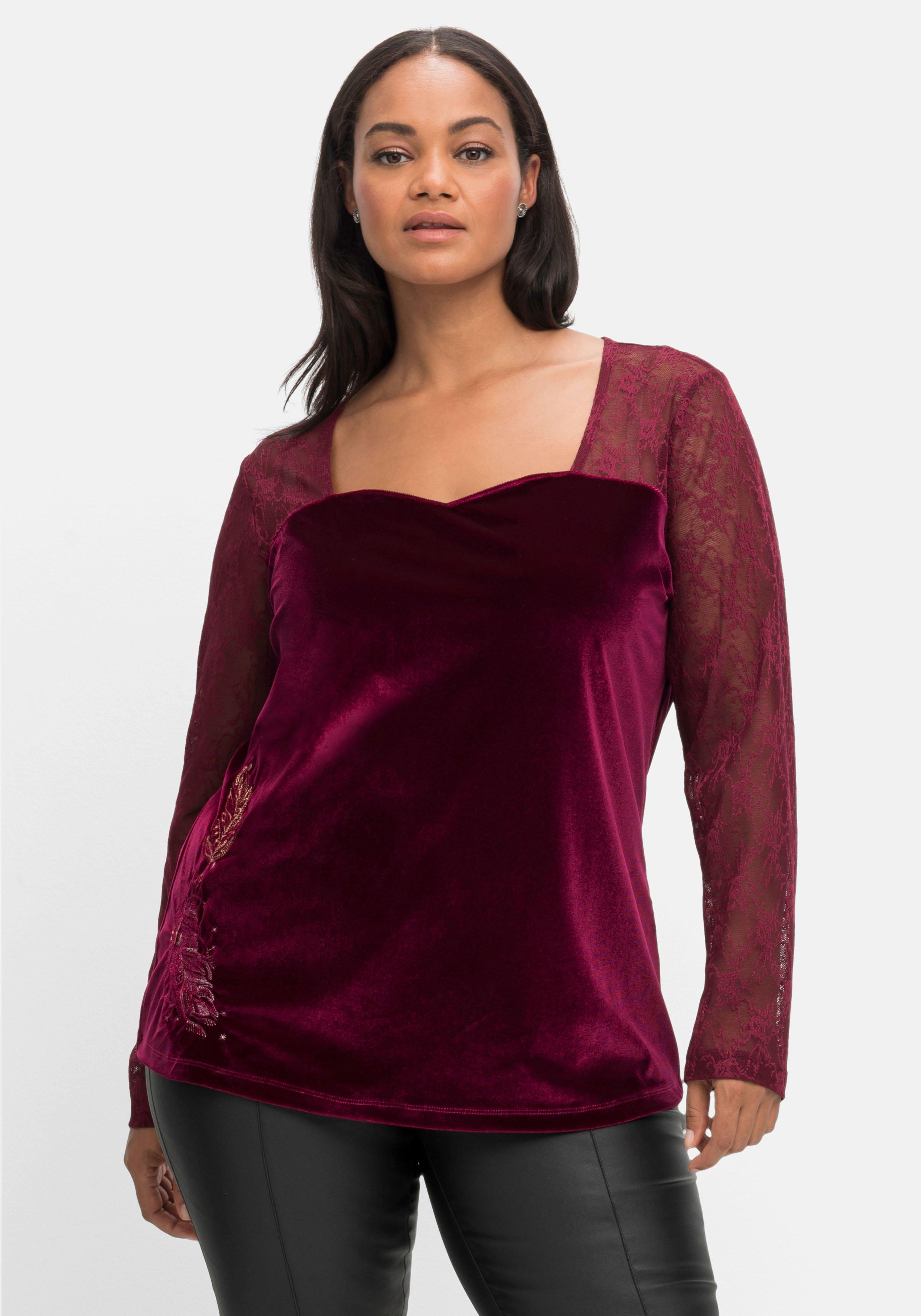 Langarmshirt mit Herzausschnitt, Spitze und Samt