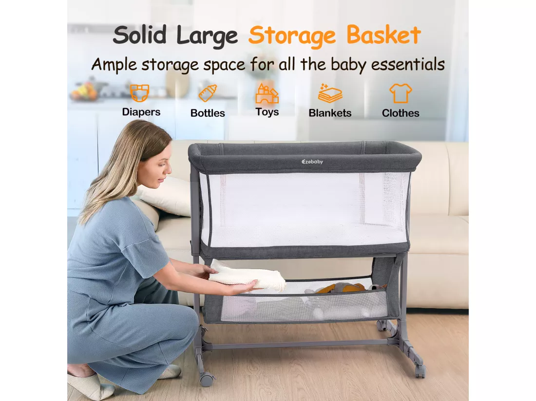 Berceau Cododo, 7 Hauteurs Réglables, avec matelas et sac de Rangement, paroi latérale pliable, roues pivotantes à 360° avec frein