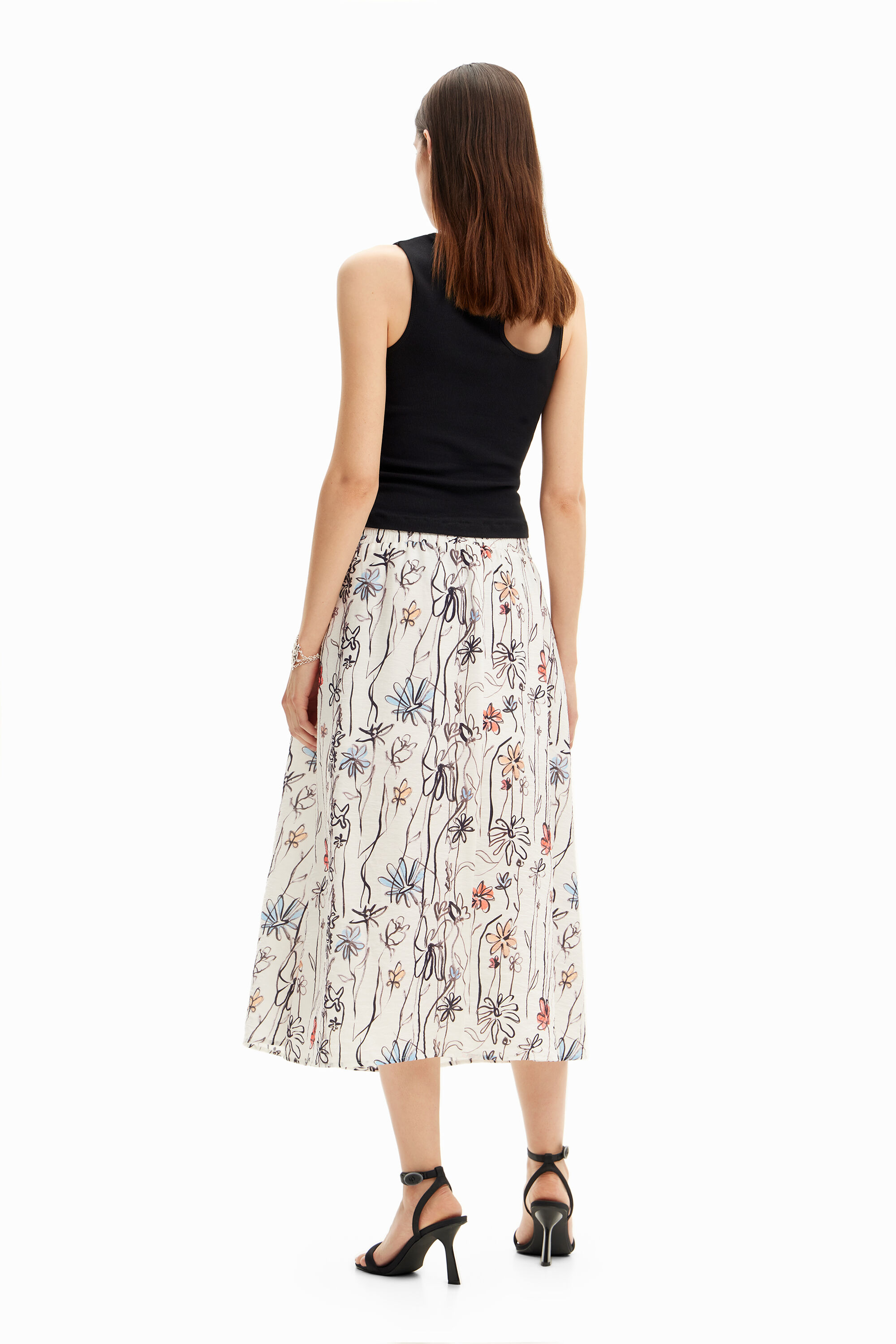 Falda midi flores ilustradas
