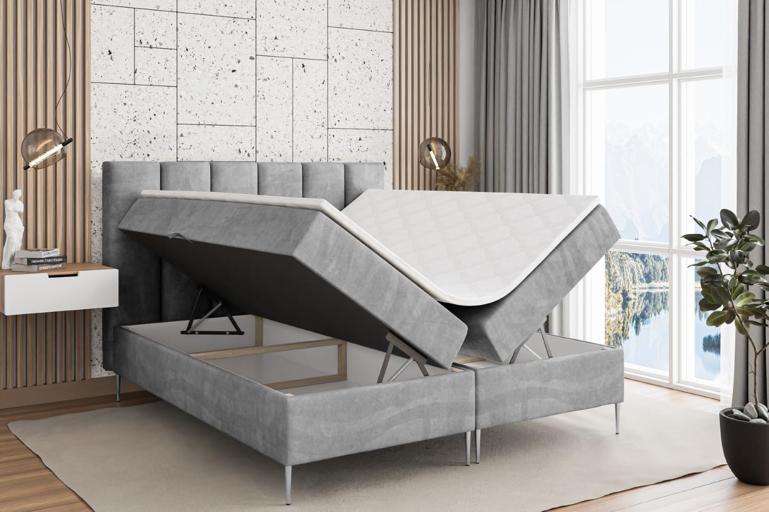 ALTDECOR Boxspringbett mit Silber Füßen, Matratze und Lattenrost, Boxbett, Topper, Polsterbett mit Bettkasten, Bett mit Stauraum H3-Matratze, Doppelbett - BOXI1-FS- 200x200 - Grau Monolith 84