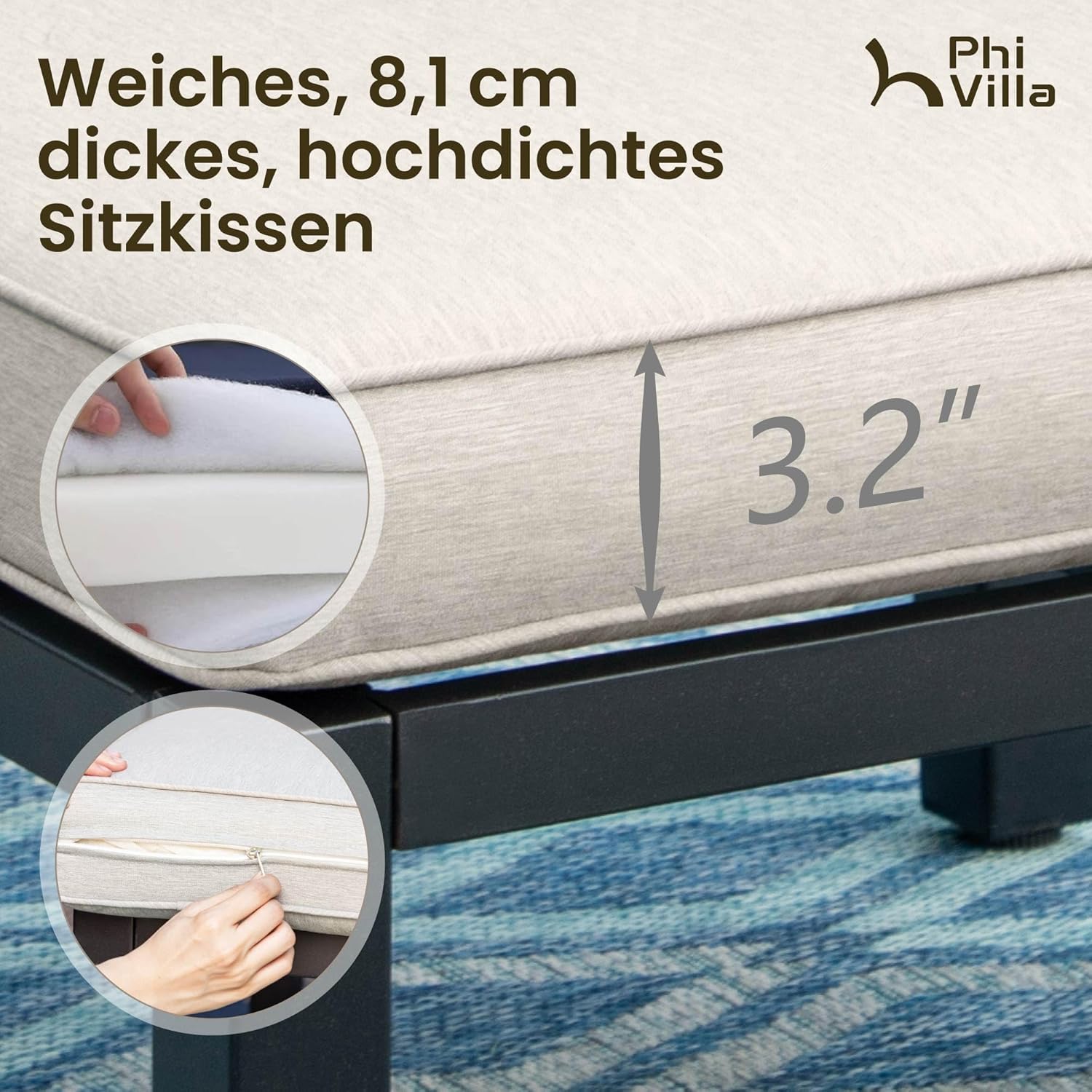 PHI VILLA Gartenmöbel Balkonmöbel Set 5 Teilig, Metall Lounge Möbel Outdoor Gartenlounge Set 6-Sitzer, Terrassenmöbel Modulare Möbel mit Verstärkten Kissen und Kaffeetisch, Beige