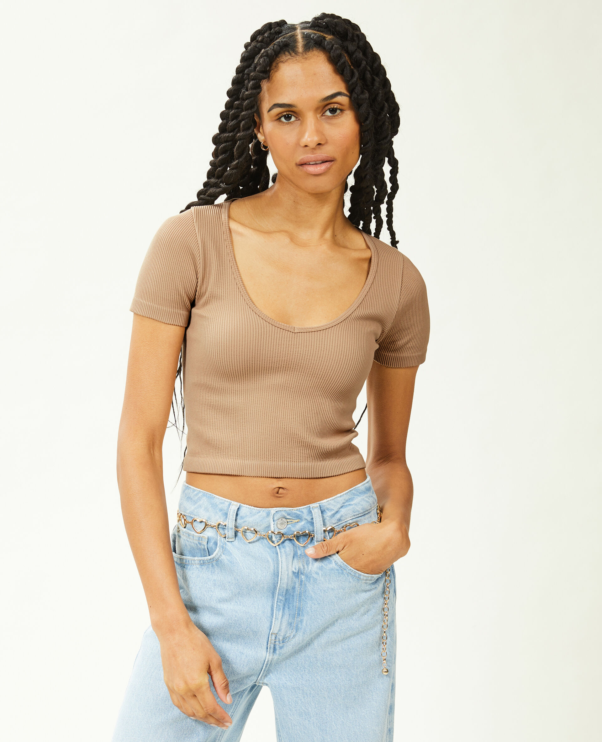 T-shirt cropped col V - Blanc