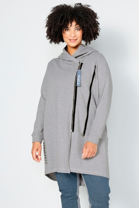 Long-Sweatjacke, oversized, Rücken-Jeansbesatz mit Print, Doppelzipper