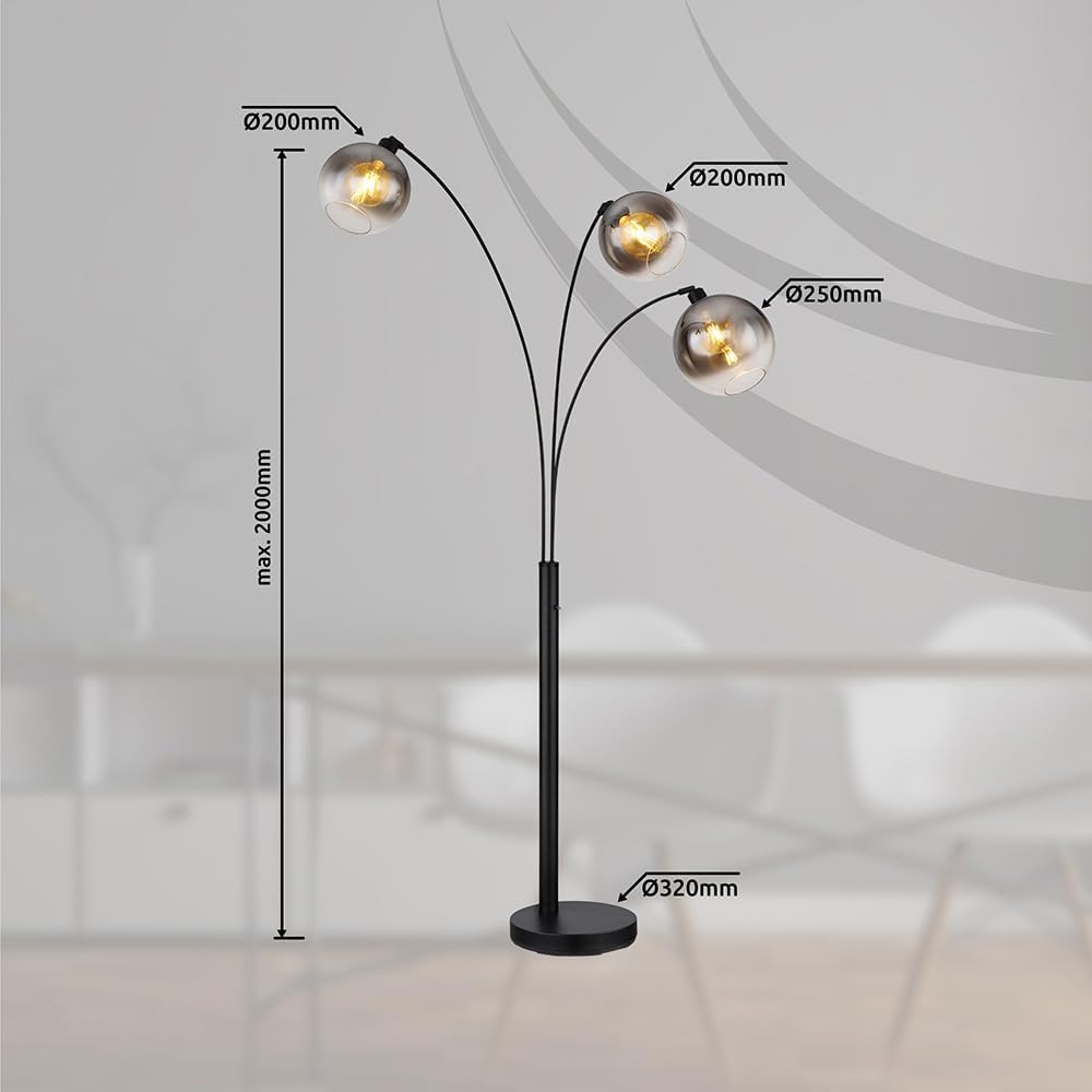 Stehlampe 3 flammig Bogenstehleuchte Rauchglas Wohnzimmerlampe Standlampe schwarz, Metall, 3x E27, LxH 105 x 200 cm