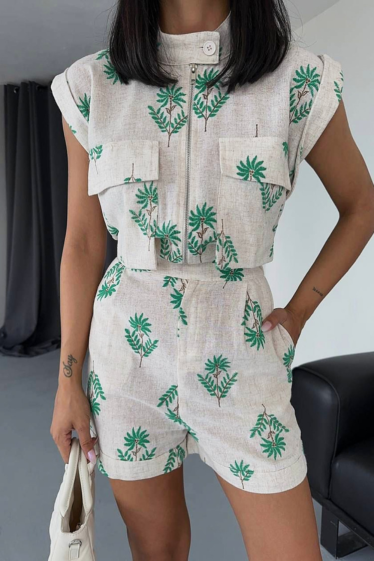 Combishort en lin beige à motif fleuri vert