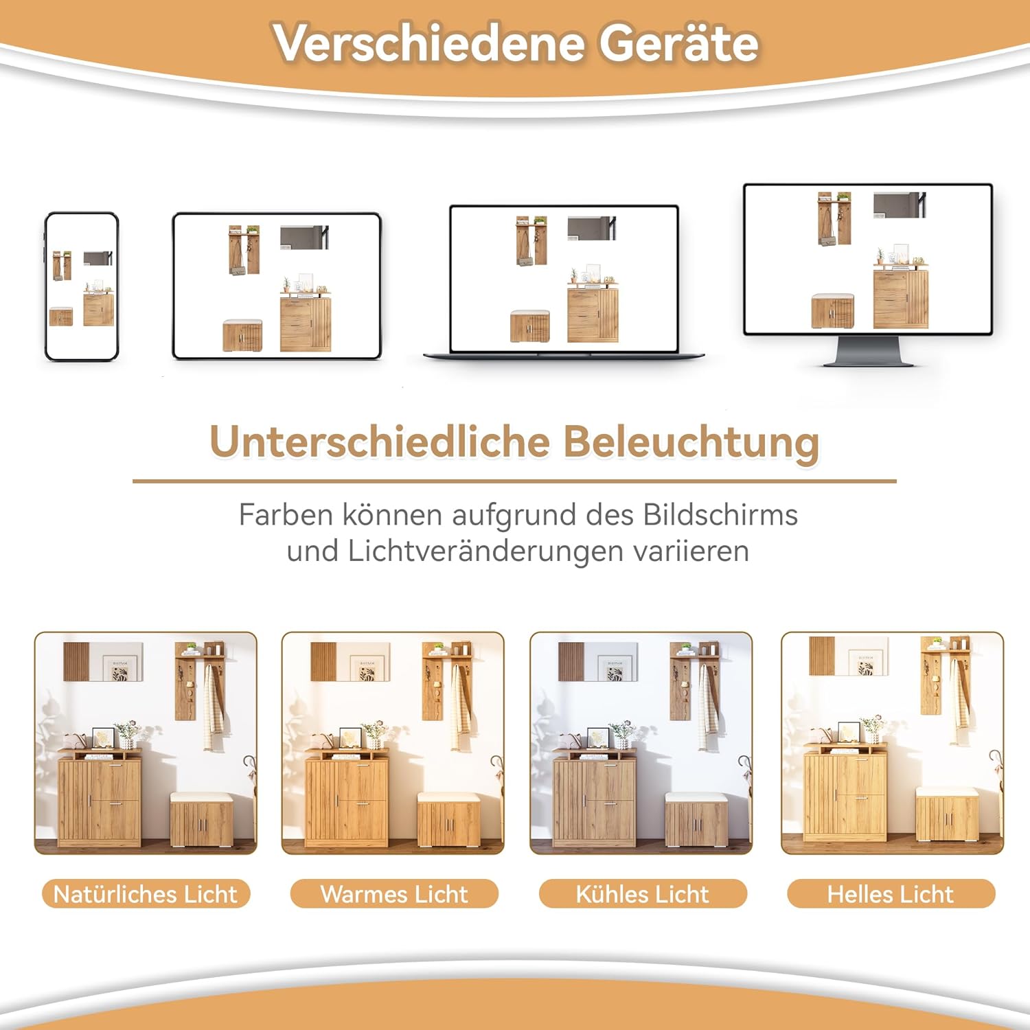 Merax Flurgarderobe Garderobenschrank Flur, Wandgarderobe Garderobenset mit Schuhbank und Schuhschrank, 1 Spiegel, 4 Haken, 5 Türen, Naturholzfarbe, 140×35×133 cm
