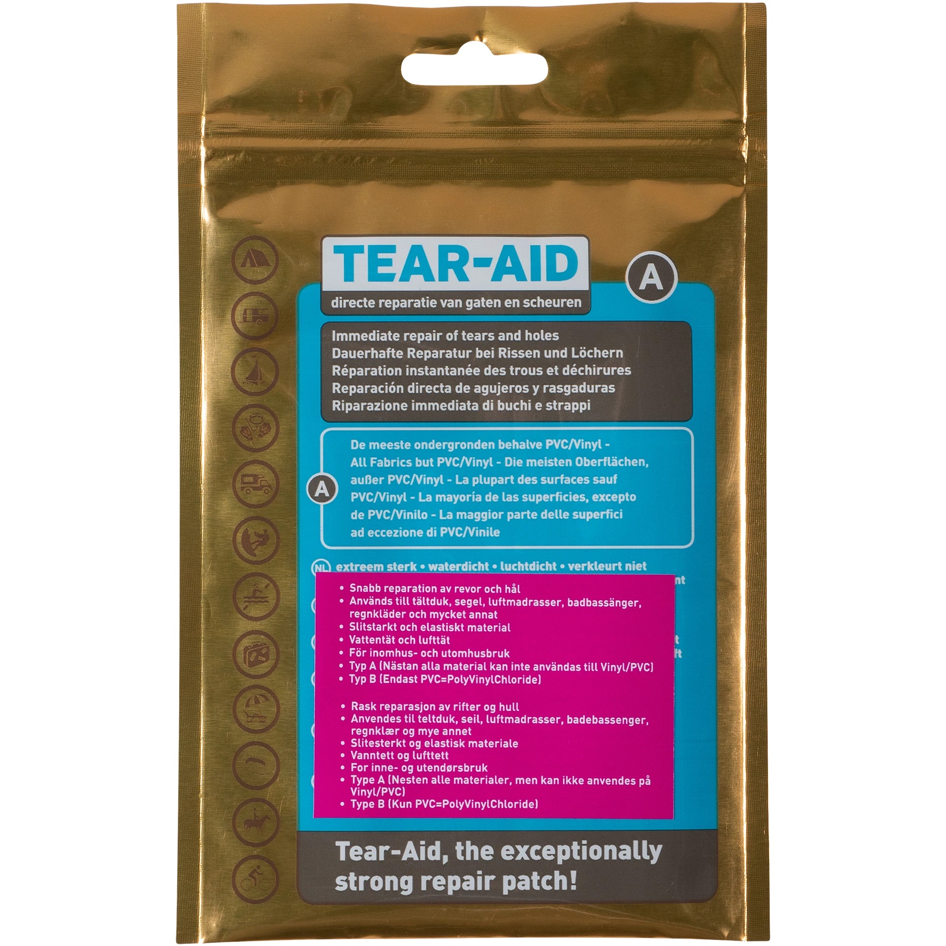 Tear-Aid Kit Type A Gjennomsiktig reparasjonslapp som reparerer rifter i stoff kr 229 Tilgjengelighet: På lager SKU: 777 Produsentens varenummer: te020010a - + Legg i handlekurv SKU: 777 Produsentens varenummer: te020010a Med Tear-Aid kan du reparere