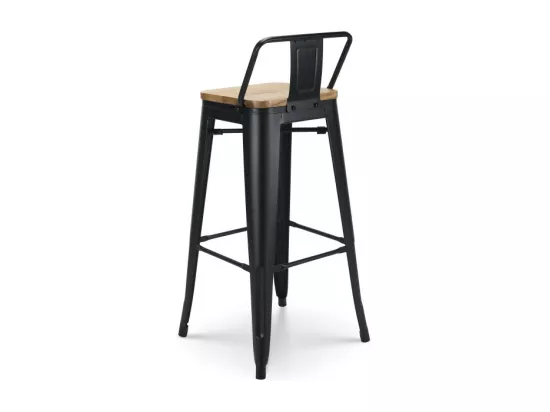 Lot de 4 tabourets de bar en métal noir mat style industriel avec dossier et assise en bois clair - Hauteur 76 cm
