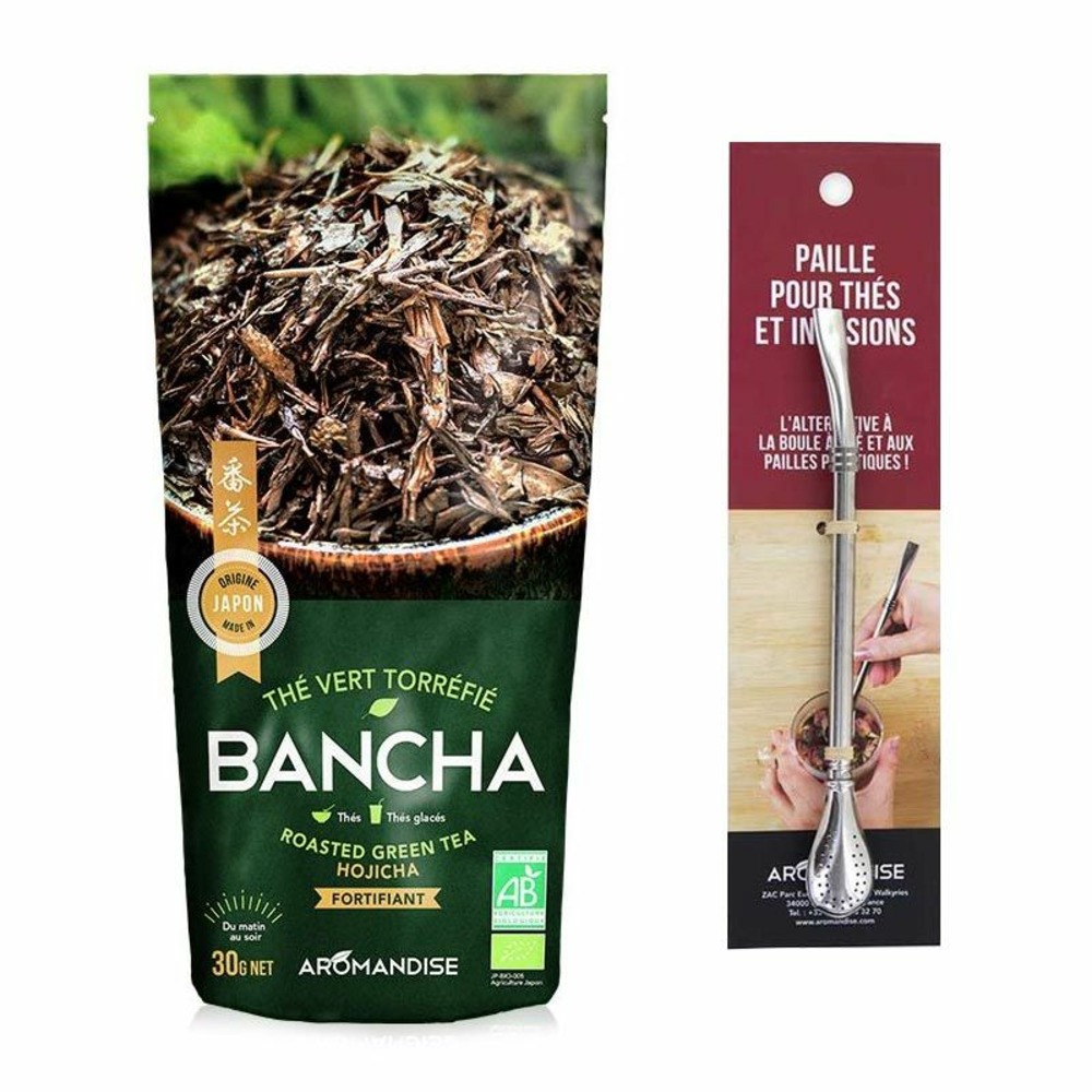 Thé vert bio japonais bancha hojicha 30 g + paille inox avec filtre