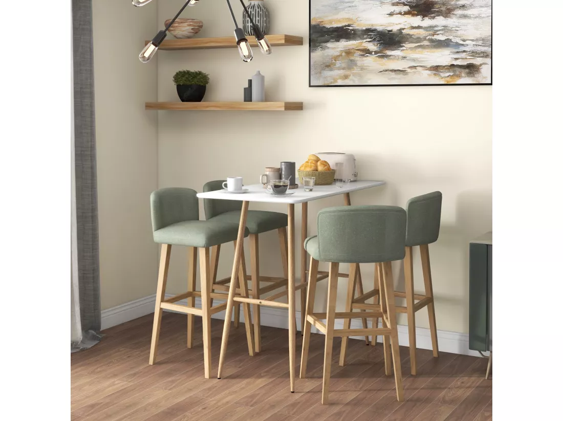 Table de bar rectangulaire style scandinave - dim. 120L x 60l x 98H cm - châssis piètement acier aspect bois plateau MDF blanc