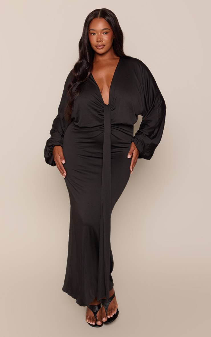 Noir Robe Maxi Grande Taille À Manches Chauve-souris Et Détail Drapé Toucher Doux