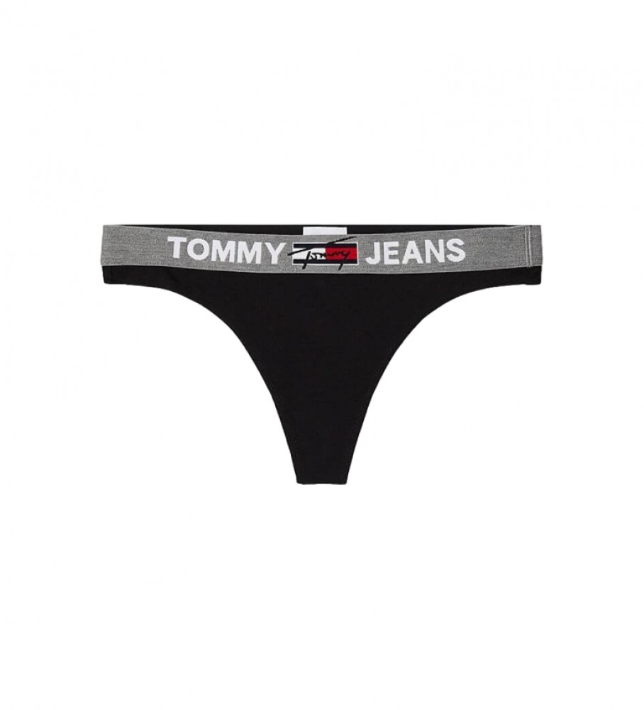 Calcinha fio dental Tommy Hilfiger com logo na cintura, preta.