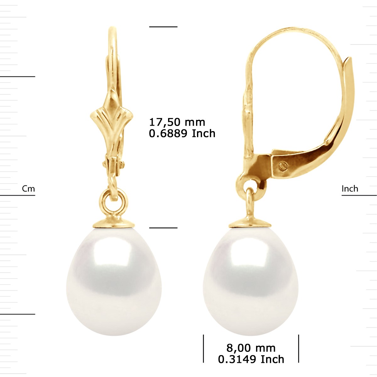 Boucles d'Oreilles Pendantes Perles d'Eau Douce 8-9 mm Blanches Or Jaune 18 Carats