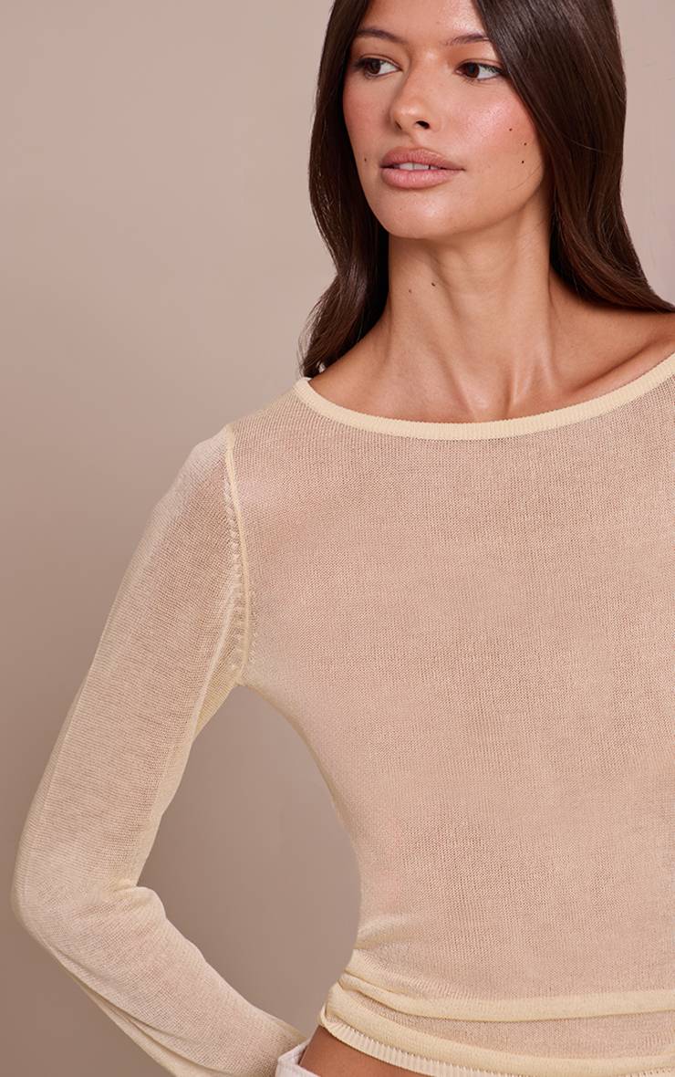 Pale Yellow Haut À Manches Longues En Maille Transparente