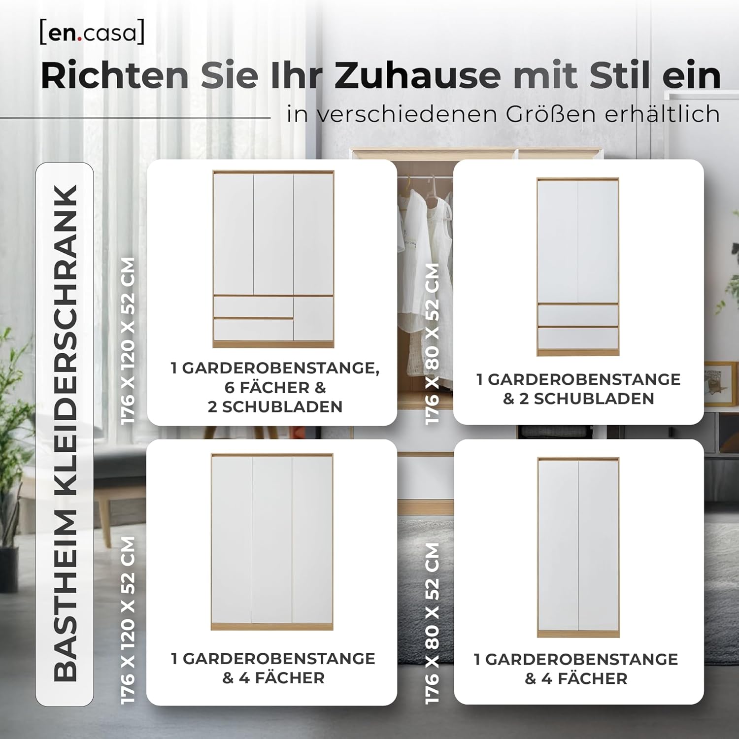 [en.casa] Kleiderschrank Bastheim Schrank mit 4 Türen Garderobenschrank 176 x 120 x 52 cm Schlafzimmerschrank mit 1 Kleiderstange 6 Fächern und 2 Schubladen Eicheoptik/Weiß