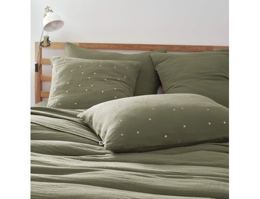 TERRE DE NUIT - Taie d'oreiller à pois brodés double gaze de coton kaki 60 x...