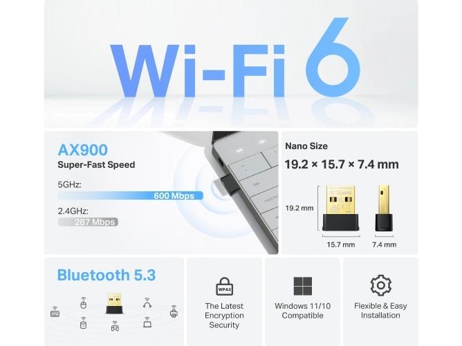 TP-Link WLAN-AX USB-Stick Archer TX10UB Nano Wi‑Fi 6 BT 5.3 AX900 Nano Wi‑Fi 6 Bluetooth 5.3 USB‑Adapter