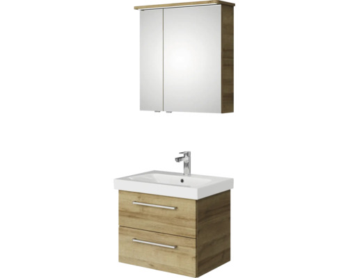 Pelipal Sunline 105 badkamermeubelset (B x H x D 66 x 200 x 46,5 cm), frontkleur: Riviera Oak, met keramische wastafel, badmeubel en spiegelkast met LED-verlichting