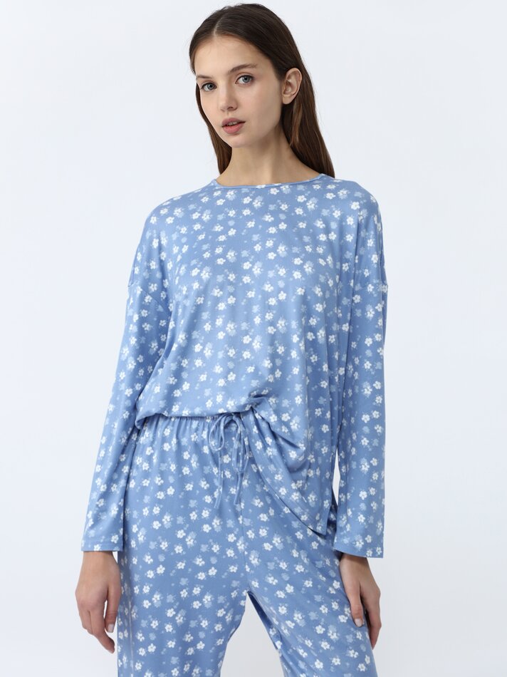 Conjunto de pijama comprido estampado - Azul escuro