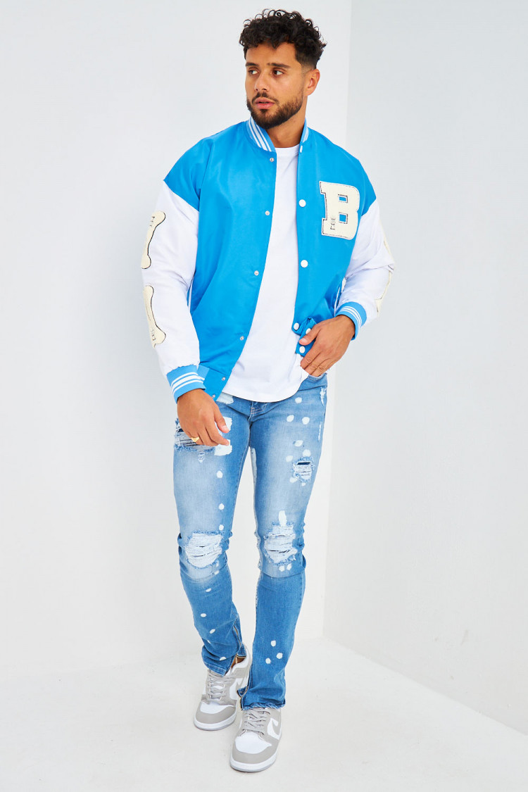 Bomber bleu à manches blanches brodé 