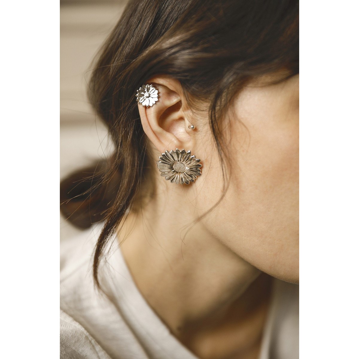maxi boucles d'oreilles puces fleurs plaqué argent - MAÏA