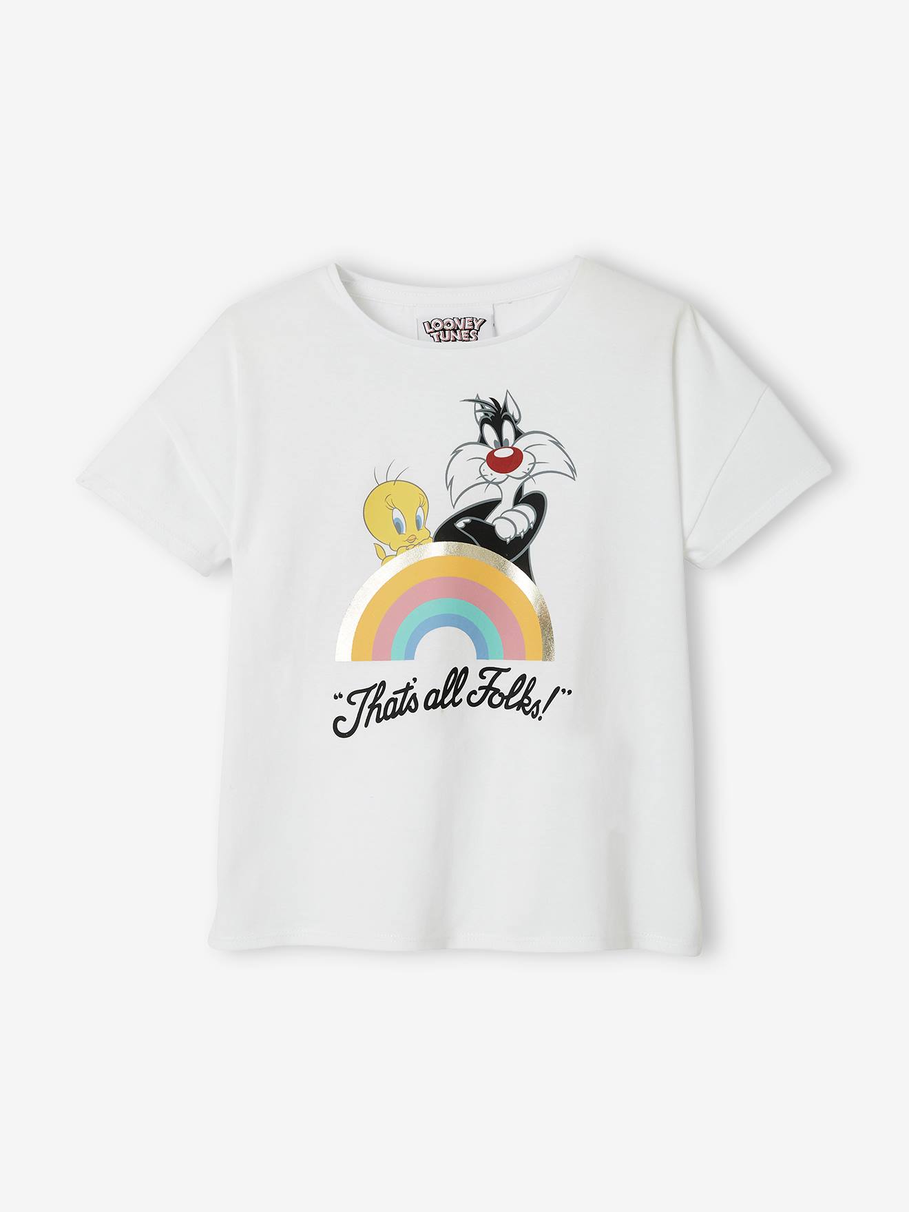 Camiseta Looney Tunes® Sylvester e Tweety, lisa, branca clara com estampas.