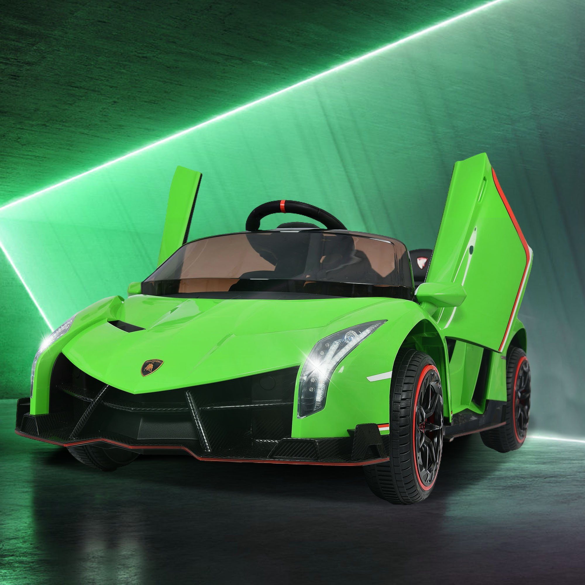 Carrinho elétrico infantil REDOM LAMBORGHINI VENENO com 2 motores, Bluetooth, portas duplas, 3 velocidades e música MP3, indicado para crianças a partir de 3 anos.