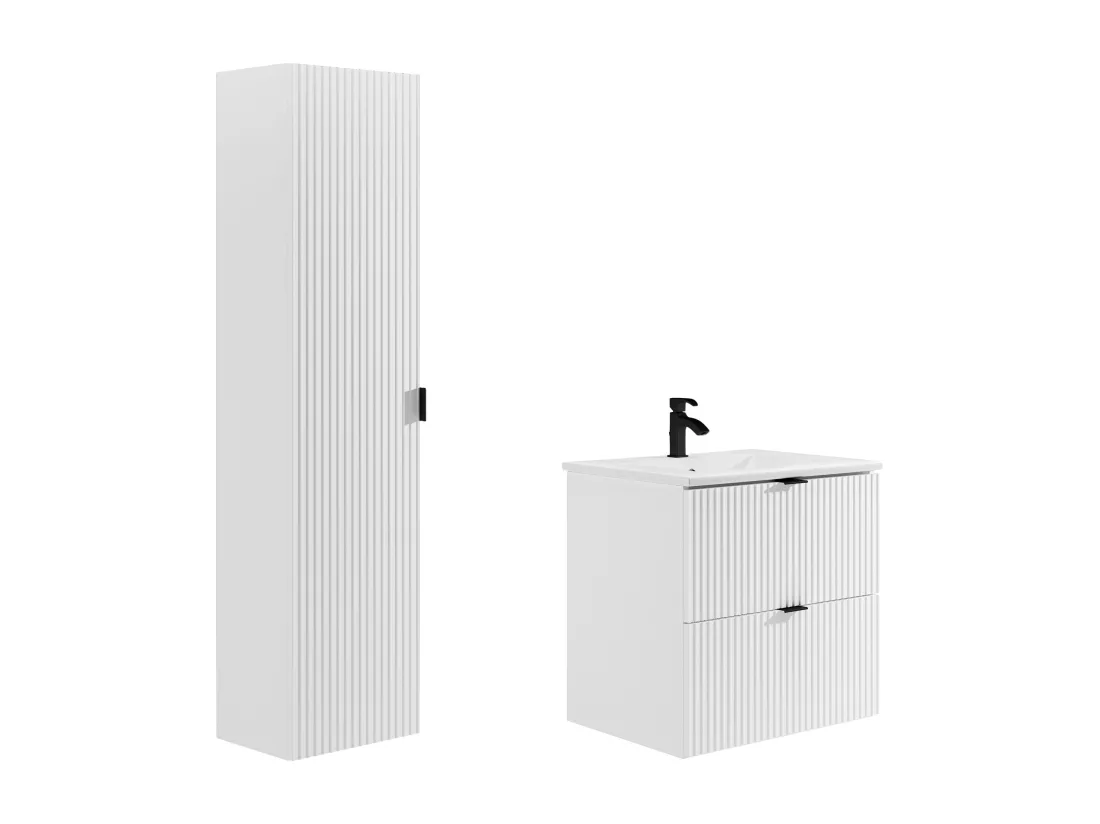 Meuble de salle de bain suspendu strié avec vasque à encastrer et colonne - Blanc mat - 60 cm - ZEVINI
