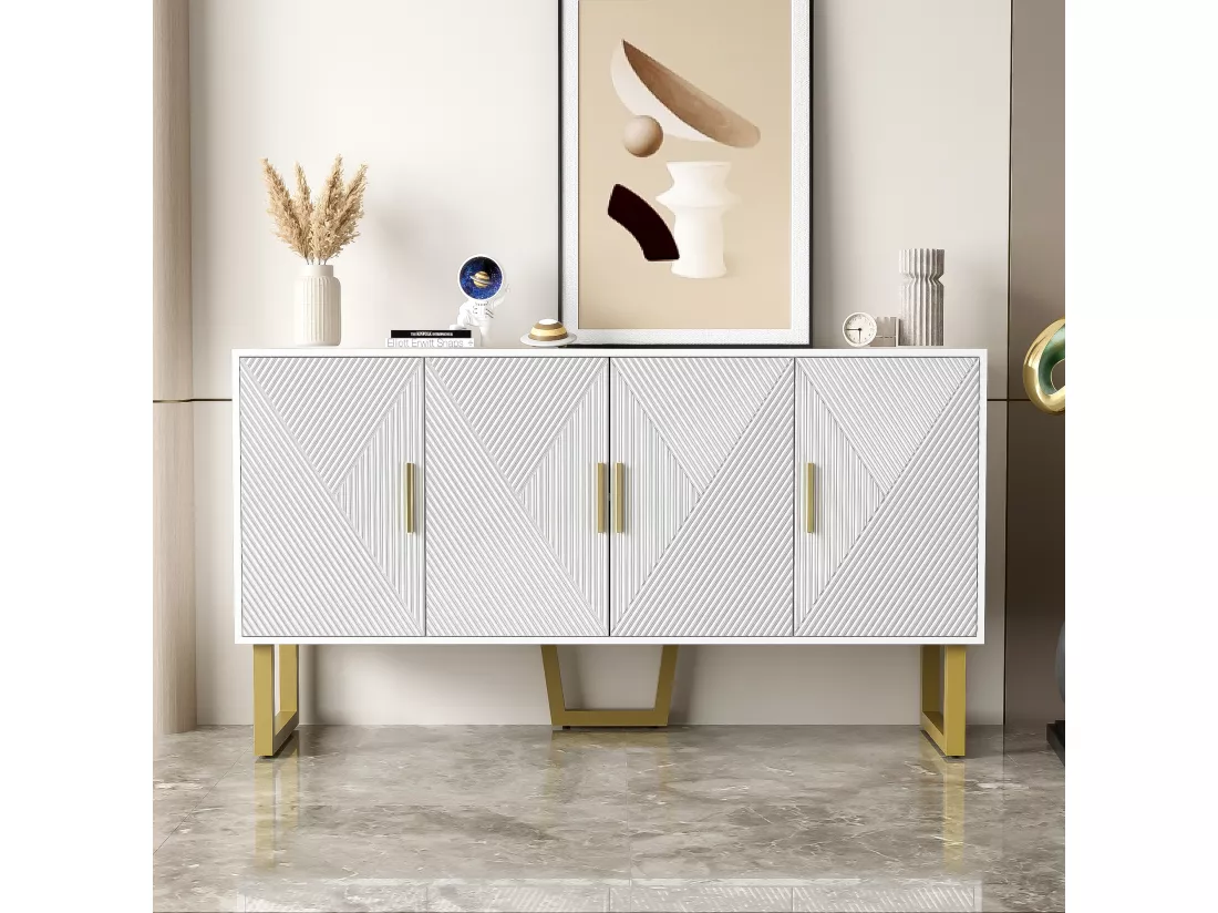 Buffet avec 4 portes - 150 x 40 x 82 cm - MDF, panneaux de particules et métal - Blanc et or