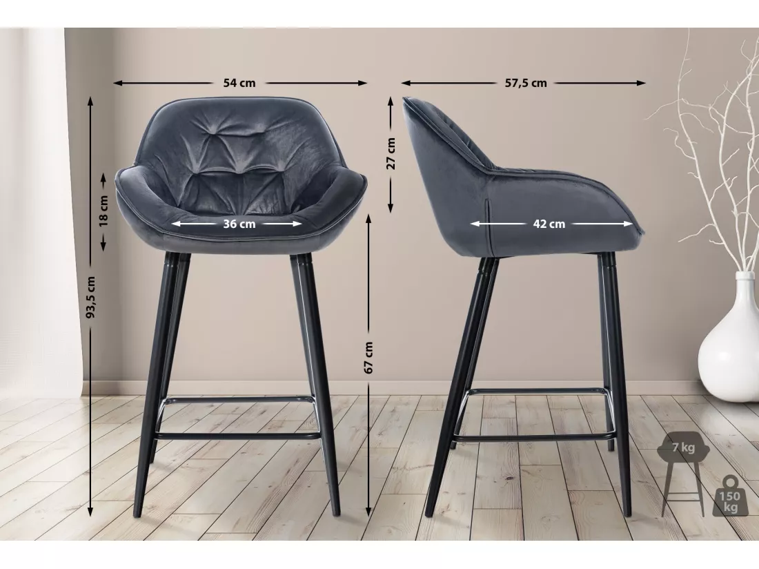 Lot de 2 Tabouret de bar - Velours & Métal noir mat - Gris foncé - Gibson