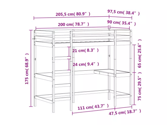 Lit superposé avec bureau 90x200 cm bois de pin massif