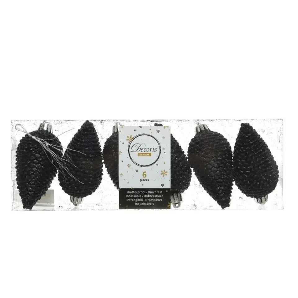 Decoris Kersthangers dennenappels - 6x - zwart - glitter - 8 cm