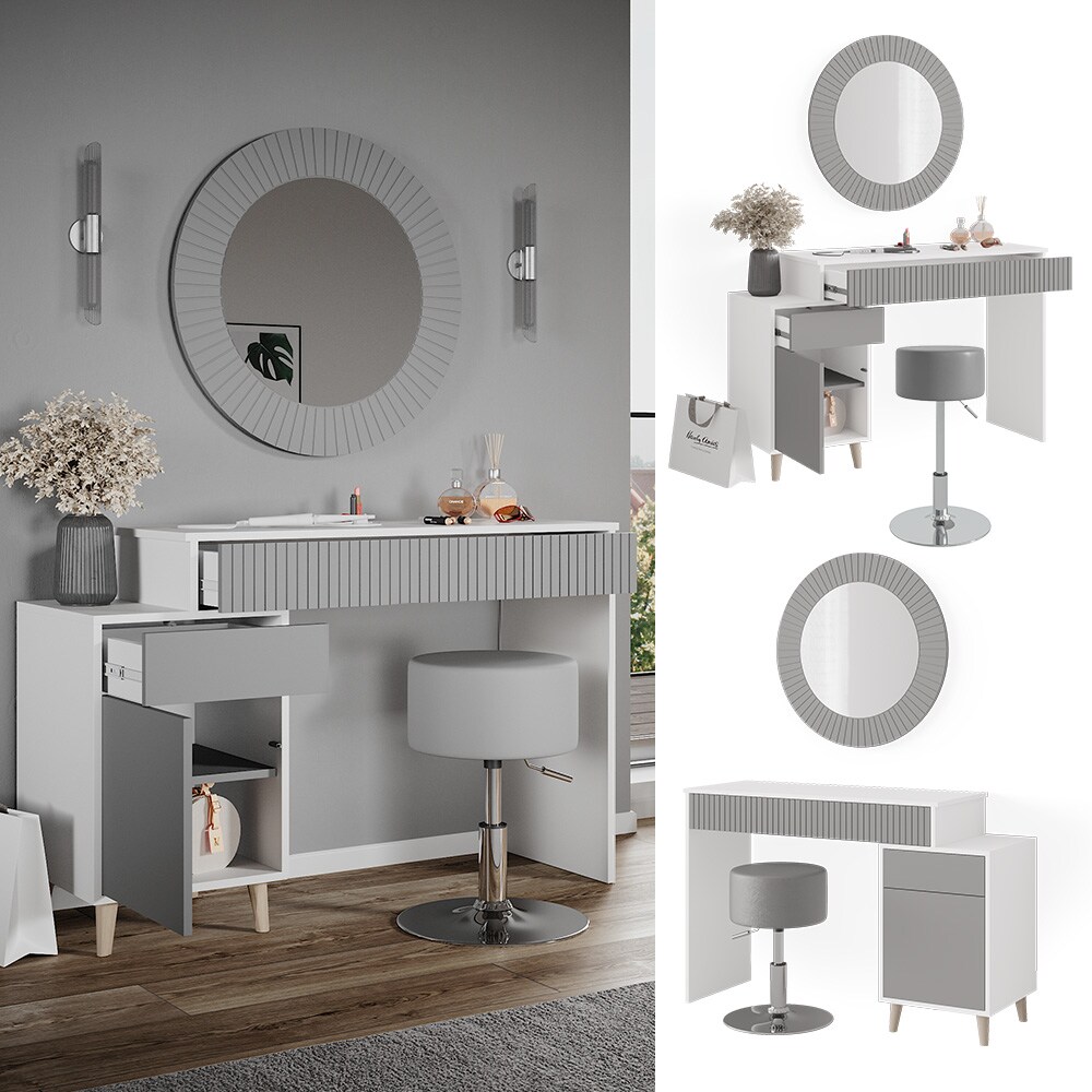 Vicco Schminktisch Frisiertisch Kosmetiktisch Arles Weiß Hellgrau Schminkspiegel Hocker 120x77 cm Skandi Schlafzimmerkommode Schminkkommode Schublade Ablage Aufbewahrung Frisierkommode Make-Up-Tisch