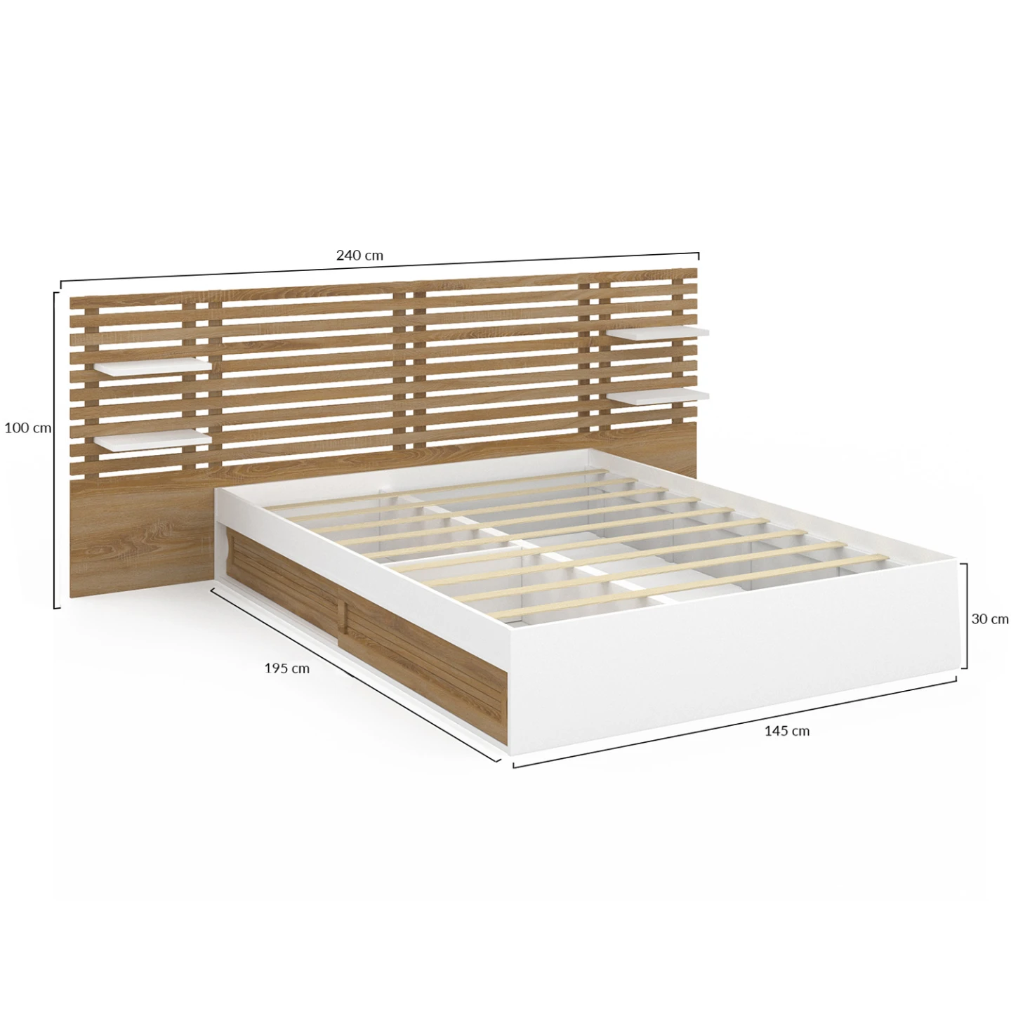 Lit double SAVANA avec tête de lit, chevets, rangements et sommier 140 x 190 cm hêtre et portes blanches