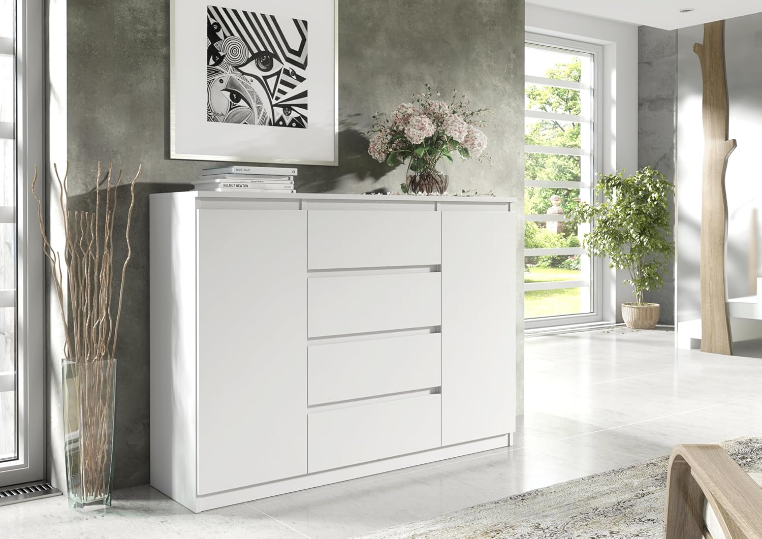 meble masztalerz Kommode Weiss mit 4 Schubladen und 2 Türen 120 cm, Sideboard Wohnzimmer, Schlafzimmer H: 101,5 cm, B: 120,4 cm, T: 39 cm, Kommode mit Schubladen, Schubladenschrank