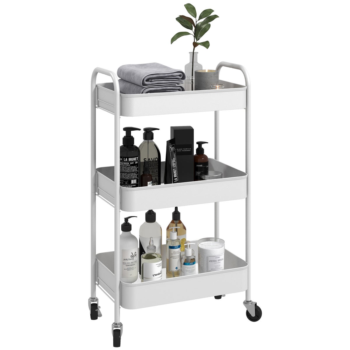 HOMCOM 3-laags serveerwagen, keukentrolley, opbergtrolley, bijzettafel voor keuken, woonkamer, staal, wit