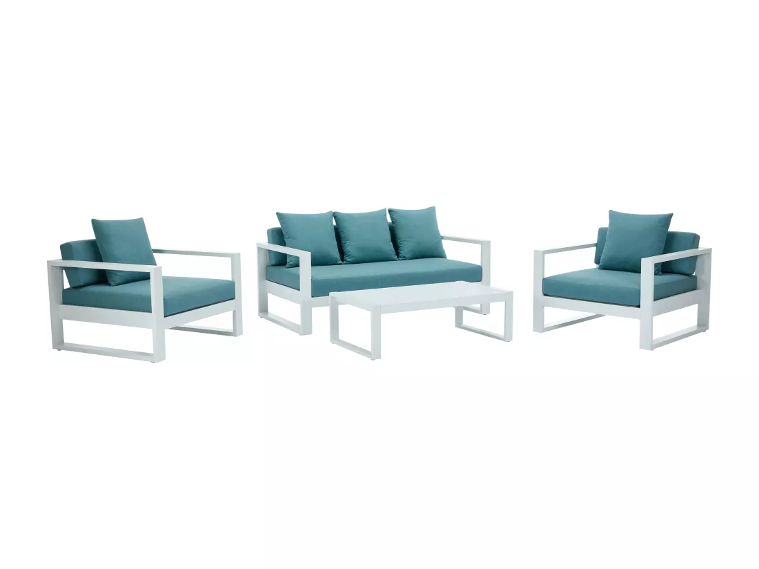Salon de jardin en aluminium: un canapé 3 places, 2 fauteuils, une table basse - Blanc avec coussins bleus - MOLOKAI de MYLIA