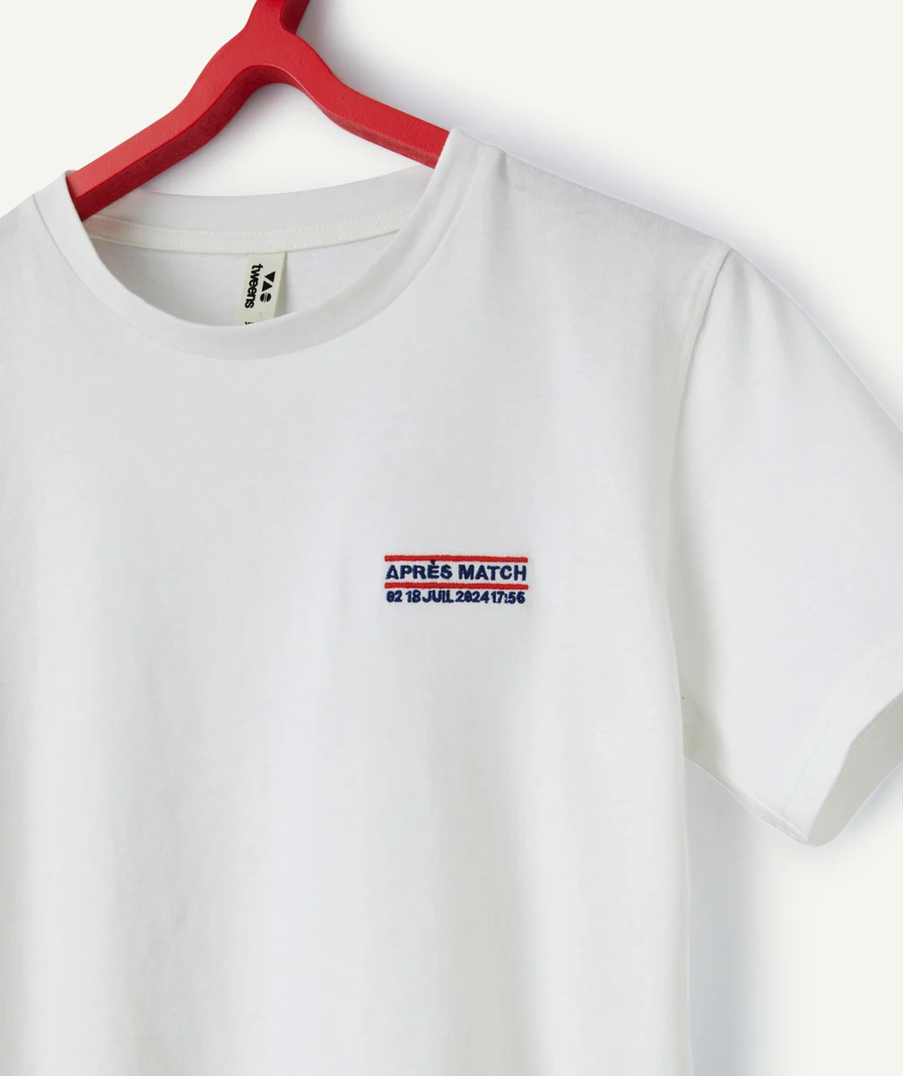 t-shirt garçon en coton biologique blanc avec message match brodé