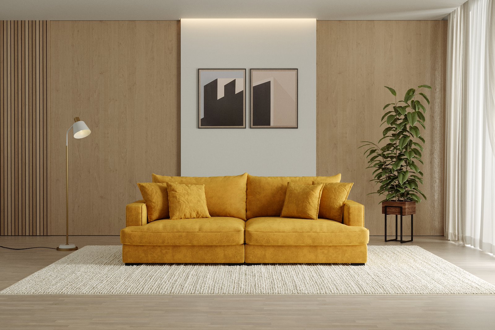 Rossi 3-seter sofa Tekstil Genesis 10 Golden Yellow, arm A med sorte ben. Std. Komfort.