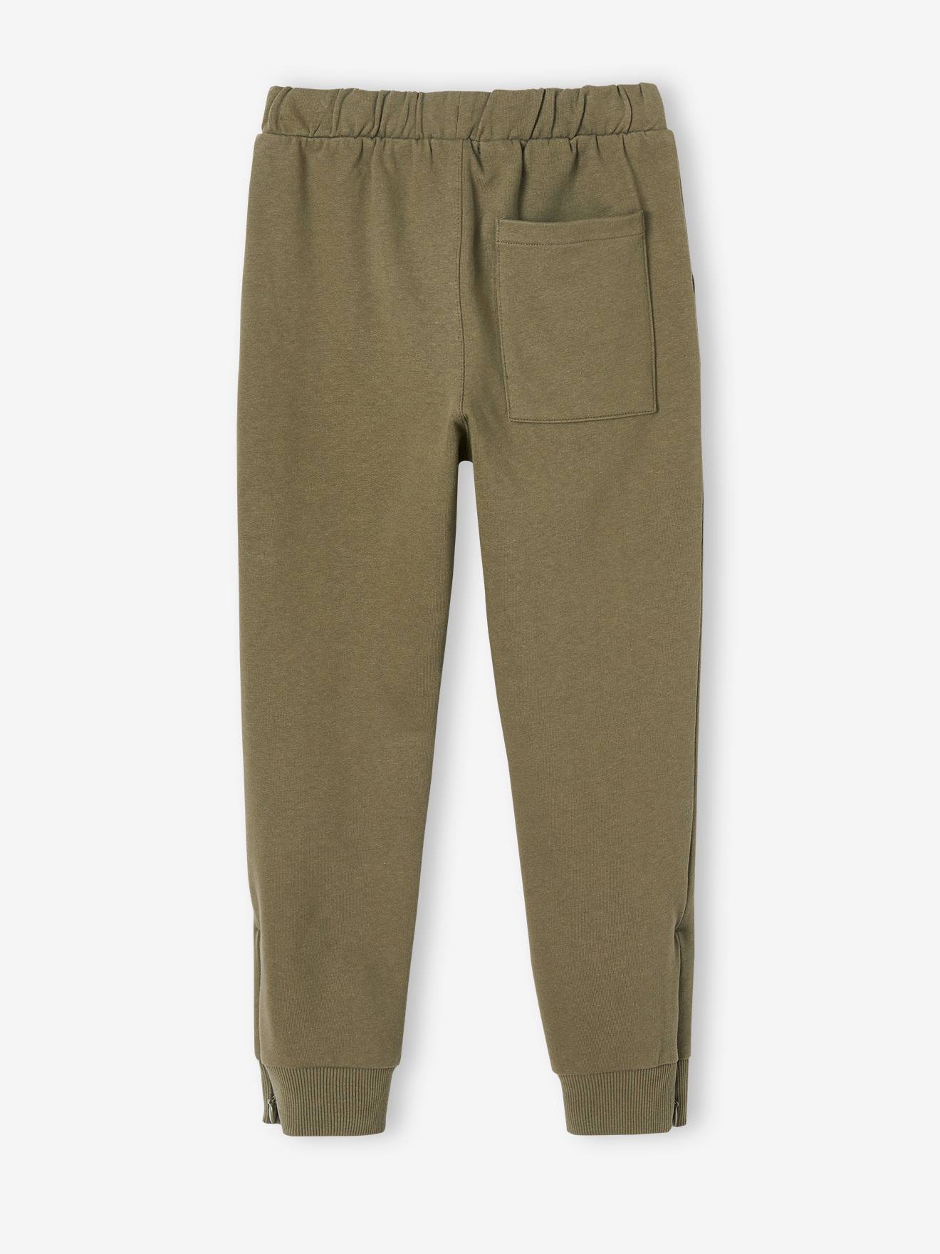 Calça de moletom esportiva preta com zíper na barra e bolsos laterais para meninos