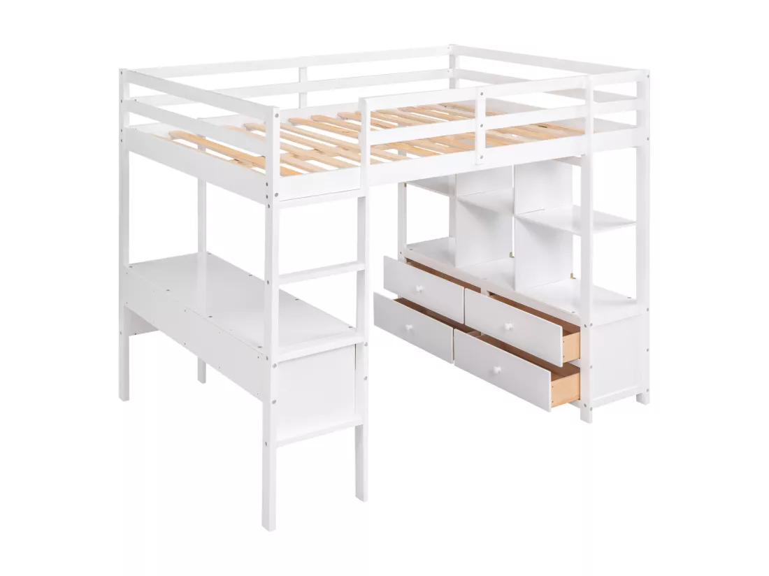 Lit mezzanine 140x200cm pour enfant - lit surélevé avec tiroirs de rangement, bureau et bibliothèque de rangement sous le lit - blanc