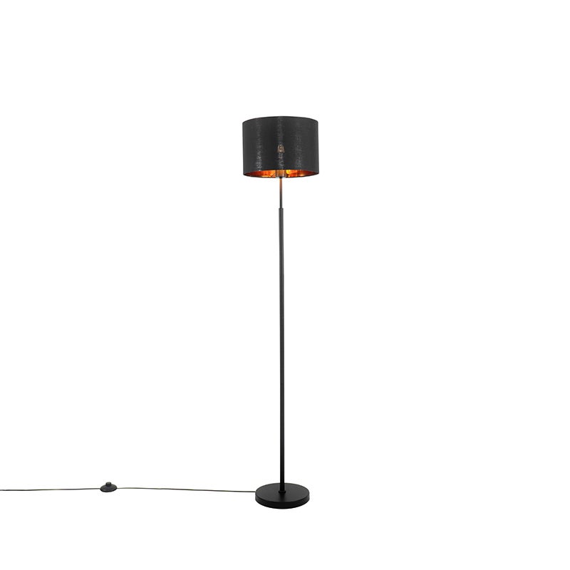 QAZQA - Moderne staande lamp, zwart met gouden en messing details - VT 1 | Woonkamer | Slaapkamer - Ronde stoffen kap - LED-compatibel, E27-fitting
