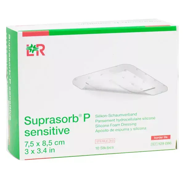 Protetores faciais Suprasorb P Sensitive Border Lite L&R, 7,5 cm x 8,5 cm, pacote com 10 unidades.