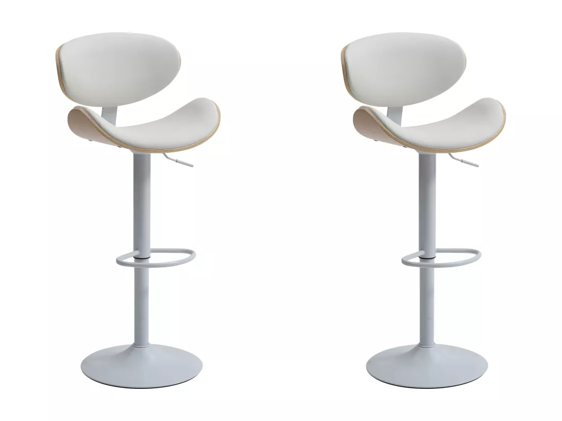 Lot de 2 tabourets de bar en simili, placage chêne et métal - Hauteur réglable - Naturel clair et Blanc - MONTENEGRO