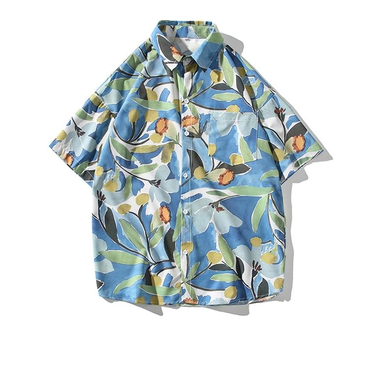 Lefitt - Hawaiiaans overhemd met korte mouwen, kraag en bloemenprint