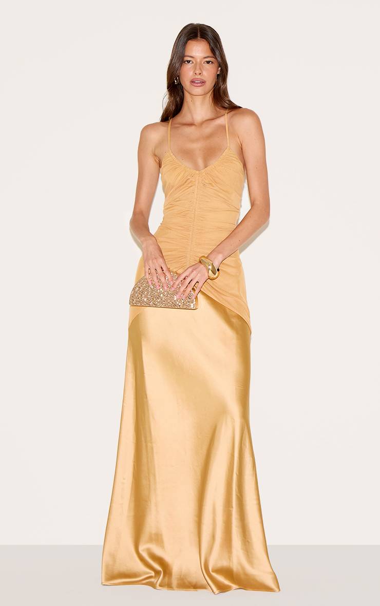 Moutarde Robe Longue Nuisette En Satin À Détails Froncés