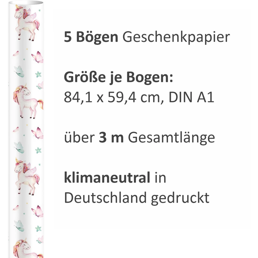 Nikima Geschenkpapier 5 Bögen Einhorn bunt Aquarell – 1,60€qm Größe: - 84,1 x 59,4 cm bunt