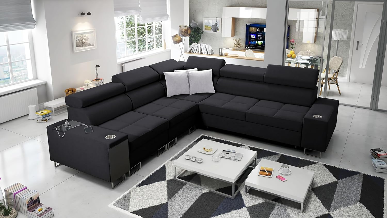 IM SOFA Eckcouch L-Form Bettfunktion Ecksofa MOREN III (Schwarz, Links)