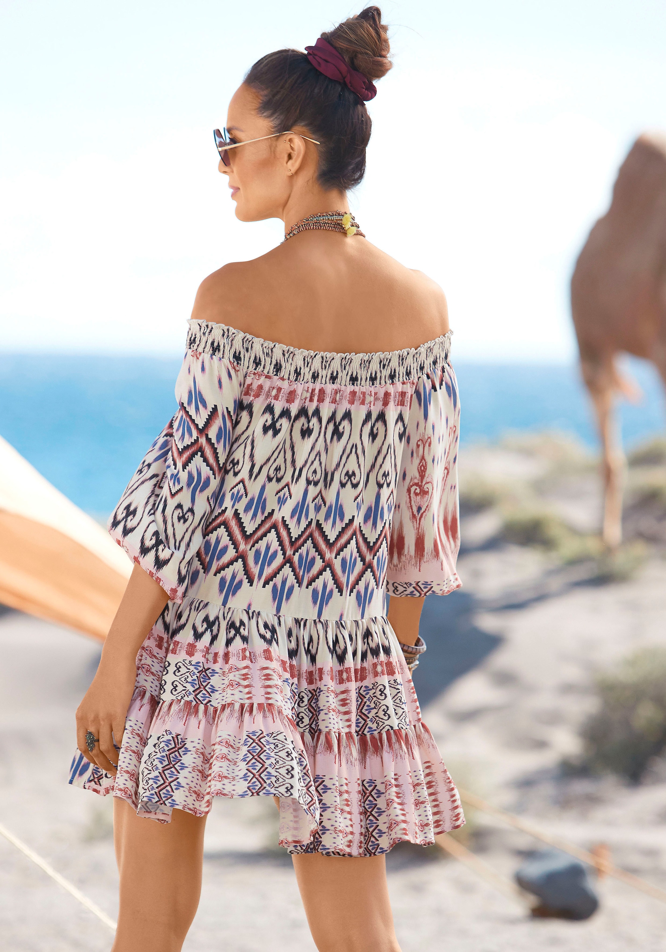 Buffalo Druckkleid mit Ethnoprint und Carmenausschnitt, Tunikakleid, Sommerkleid